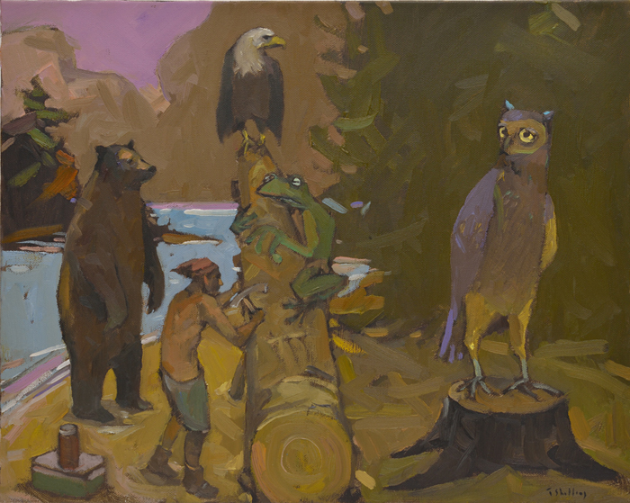 Artist: Travis Shilling Painting: Frog, Eagle, Owl and Bear Show Up To Pose For the Totem Pole Carver