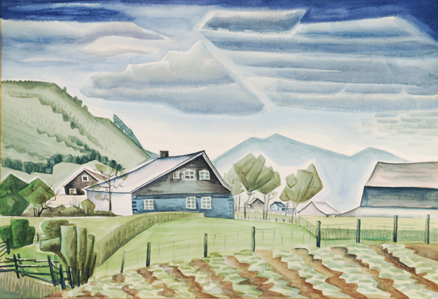 Caven Atkins | Painting: Farm House Baie St. Paul Quebec (1937)