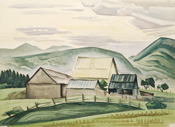 Artist: Caven Atkins | Painting: Yellow Barn Baie St. Paul Quebec (1937)