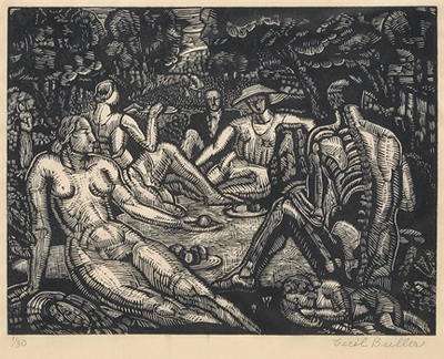Artist: Cecil Buller Wood engraving print: The PIcnic, 1956