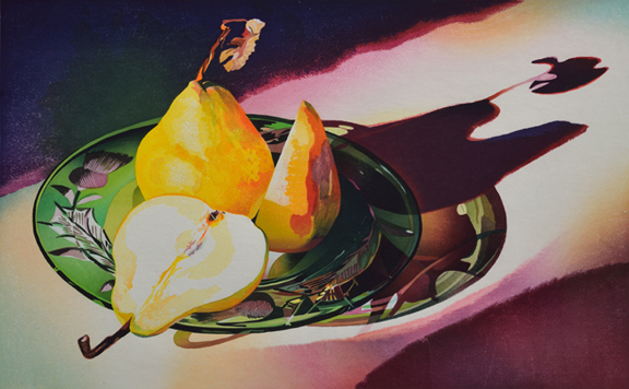 Artist: Mary Pratt Woodcut: Pears on a Green Glass Plate, 1998