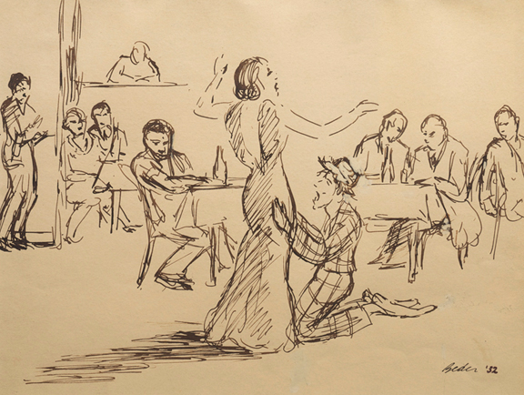 Artist: Jack Beder Ink Drawing: Singer & Clown Silver Door Cafe, 1932