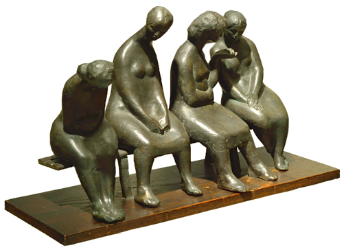 Artist: Joe Rosenthal Bronze Sculpture: Four Seated Women on Bench