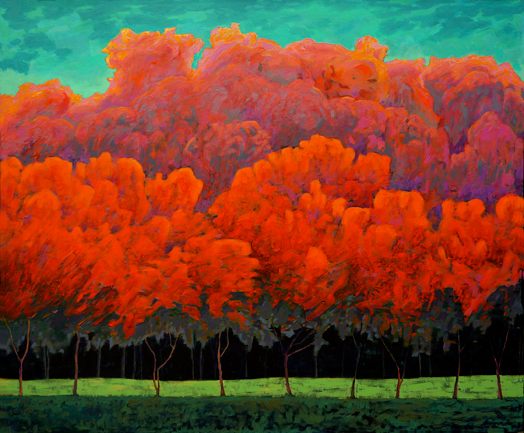 Artist: John Doyle Painting: Red Trees at Sunset
