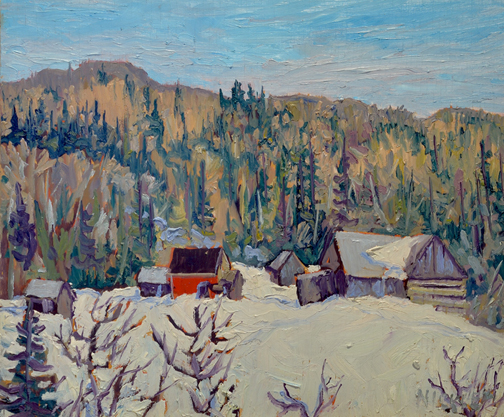 Artist: Lawrence Nickle Painting: Farm Buildings at Raymond Rochet's Place Highway 522 & Rye Road Nipising Twp.