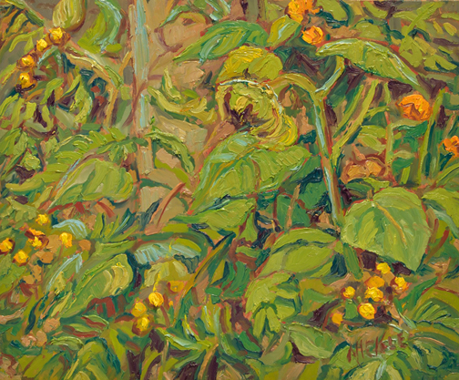 Artist: Lawrence Nickle Painting: Sunflower at 157 Ontario St. Burk’s Falls (2010)