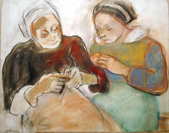 Artist: Lillian Freiman Pastel: Breton Women Knitting