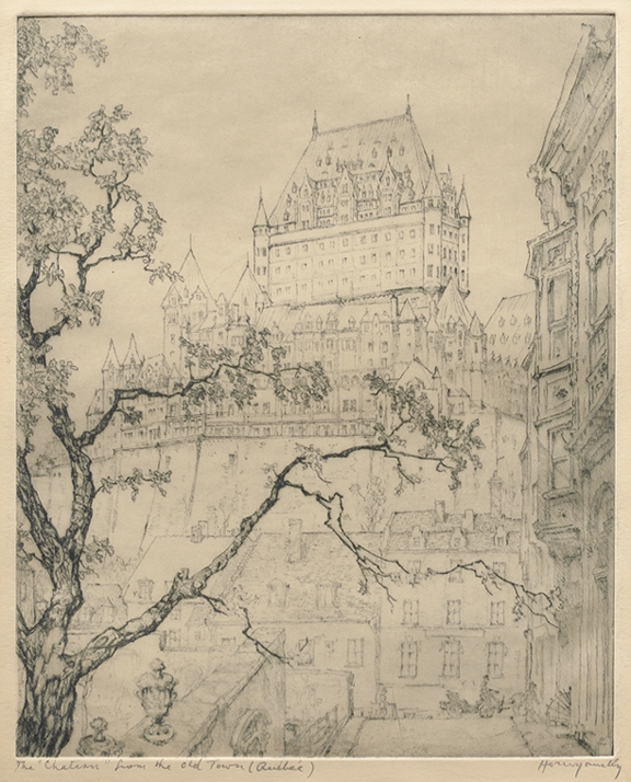 Artist: Nicholas Hornyansky Etching: The Chateau from the old town (Quebec) 