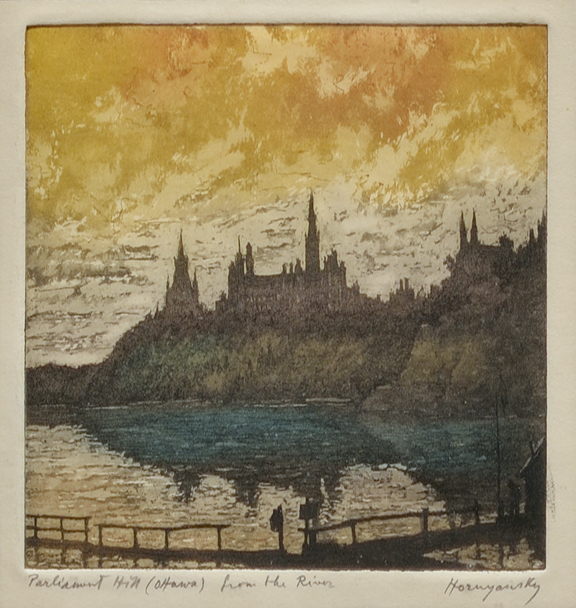 Artist: Nicholas Hornyansky Aquatint: Parliament Hill (Ottawa) from the River