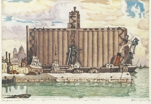 Artist: Nicholas Hornyansky Aquatint: The Port and Elevators, Upper Lake St. Lawrence Transportation