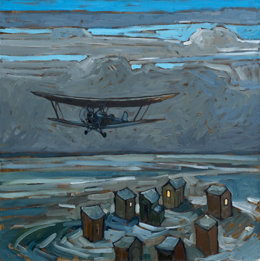 Artist: Travis Shilling Painting: Low Flyer Over Ice Huts, Lake Couchiching